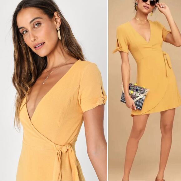 3 FOR $50! 🎁 LULUs My Philosophy Golden Yellow Wrap Mini Dress Sz. S - Picture 2 of 7